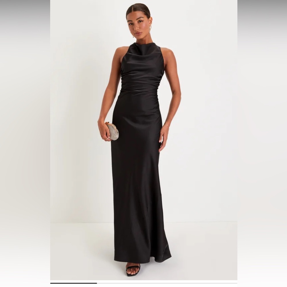 Effortlessly Sensational Black Satin Backless Maxi Dresss